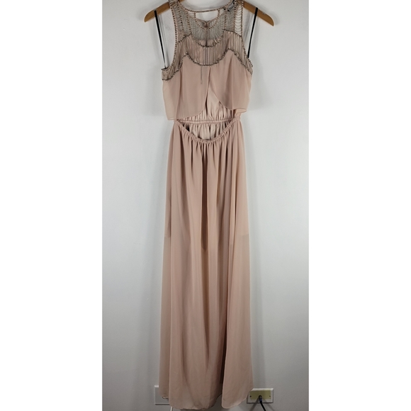 Bebe Beaded Mesh Chain Detail Open Back Sleeveless Blouson Maxi Dress - Picture 7 of 11